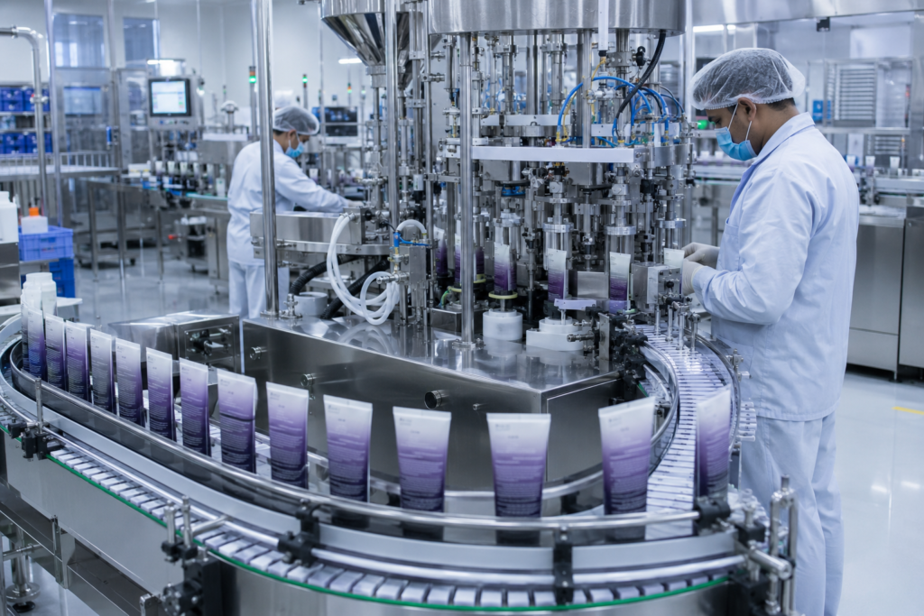 Automated hair dye filling and packaging production line in a professional cosmetics factory