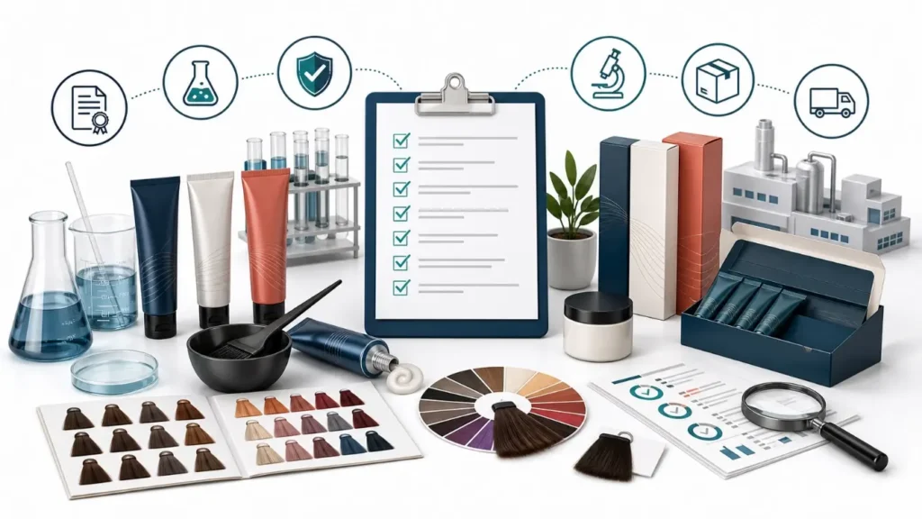 Hair dye manufacturer checklist with shade swatches, lab samples, packaging, quality control and production planning