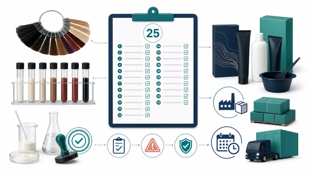 Private label hair dye supplier checklist with 25 questions, formula samples, warning label, packaging, MOQ and lead time icons