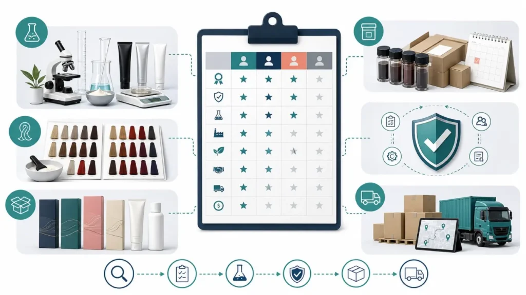 Hair dye manufacturer supplier scorecard with quality control, shade consistency, packaging, documentation and shipment planning