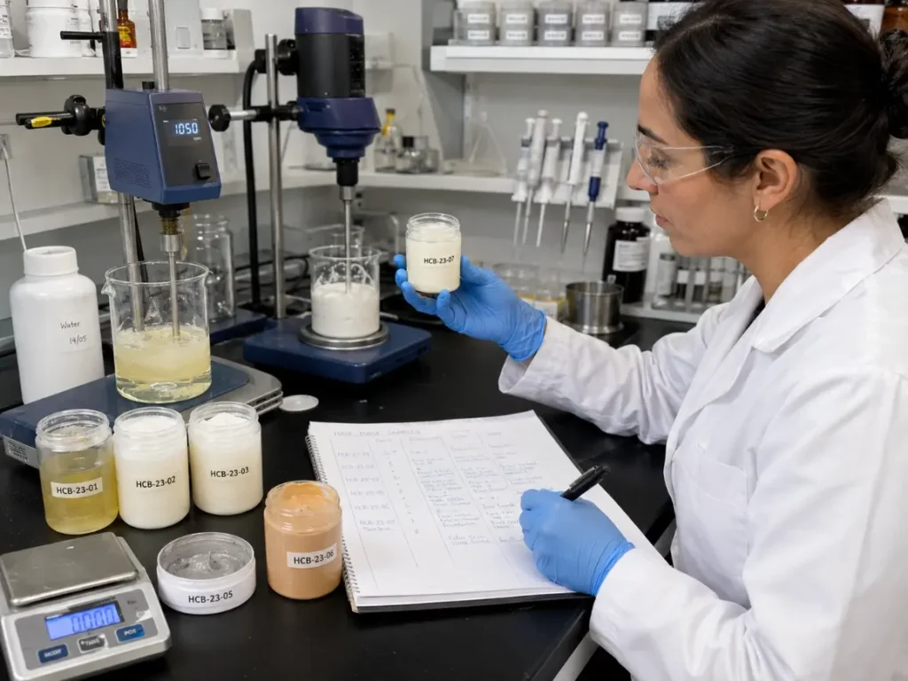 Formulator comparing coded shampoo and conditioner samples in a cosmetic laboratory