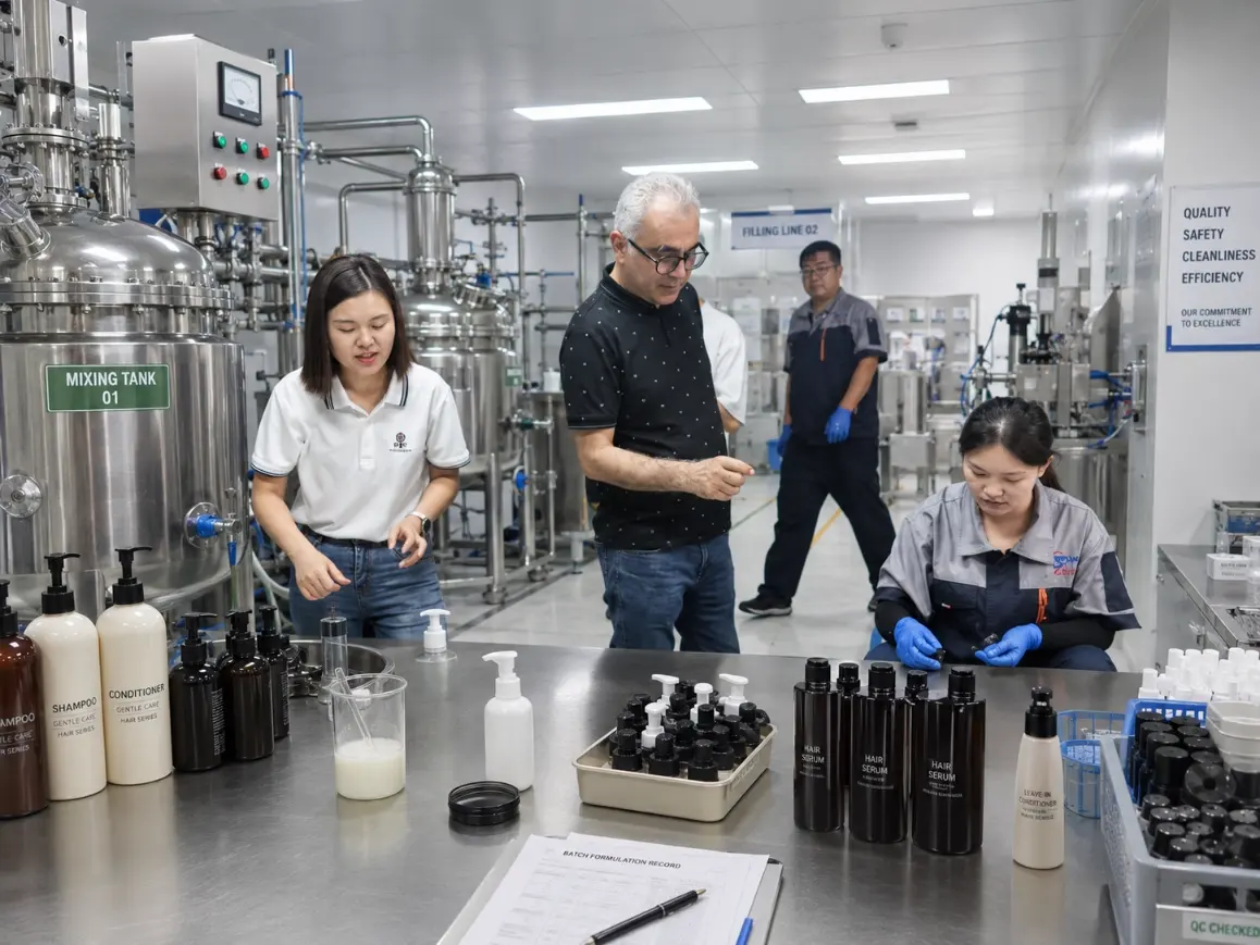 A purchasing manager for French hair care products is visiting our workshop.