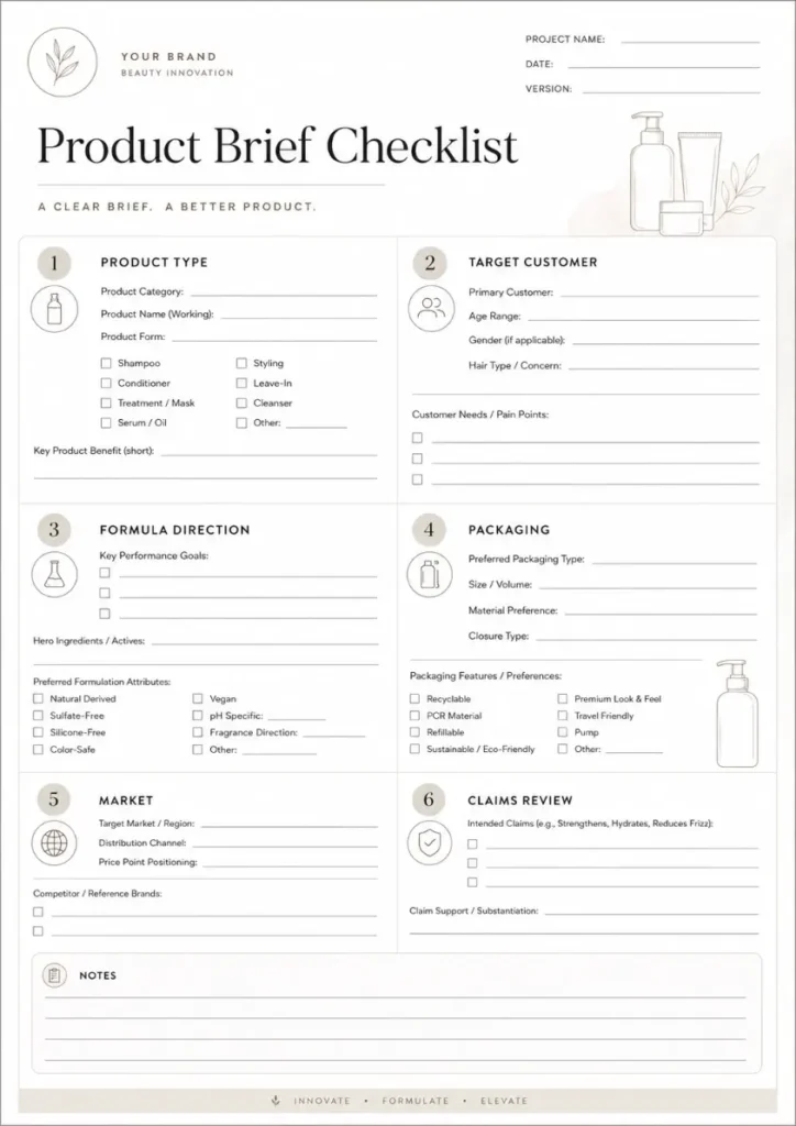Hair care product brief checklist for private label formulation.
