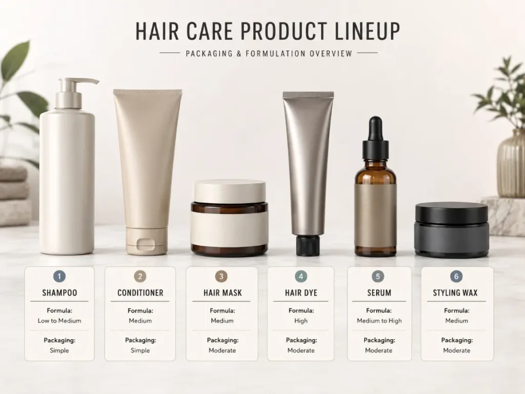 Hair care product categories used to compare formula complexity and manufacturing requirements.