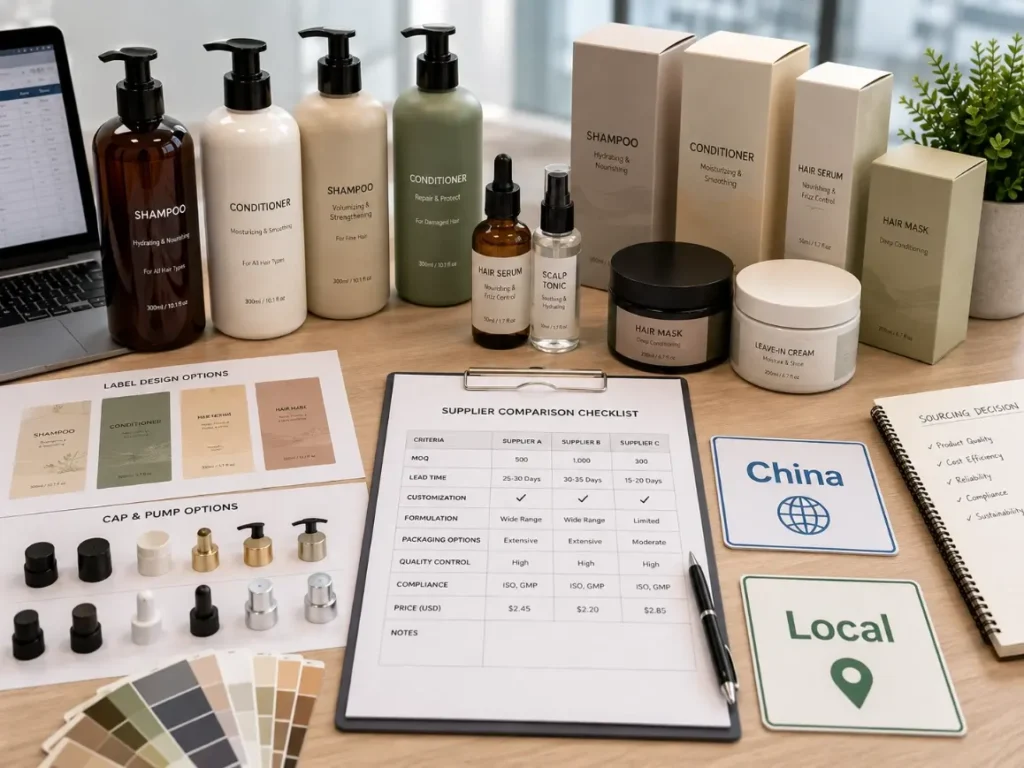 Hair care product samples and supplier checklist for comparing China and local manufacturers