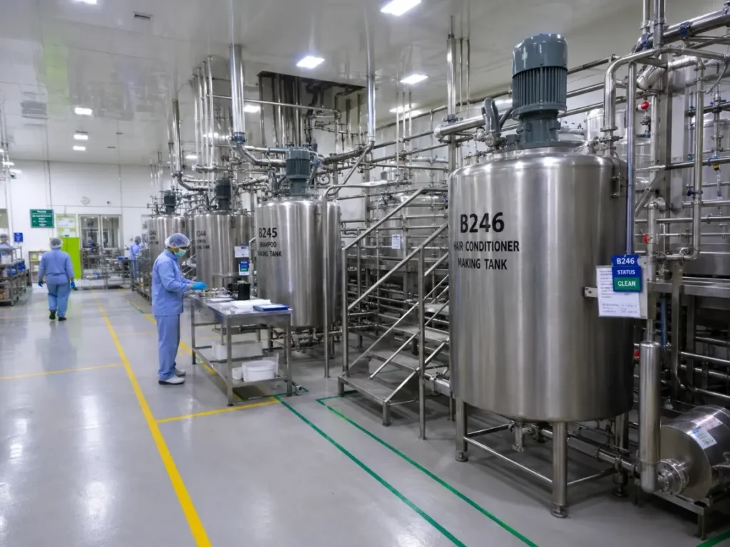 Hair care production floor with stainless-steel mixing vessels and factory operators