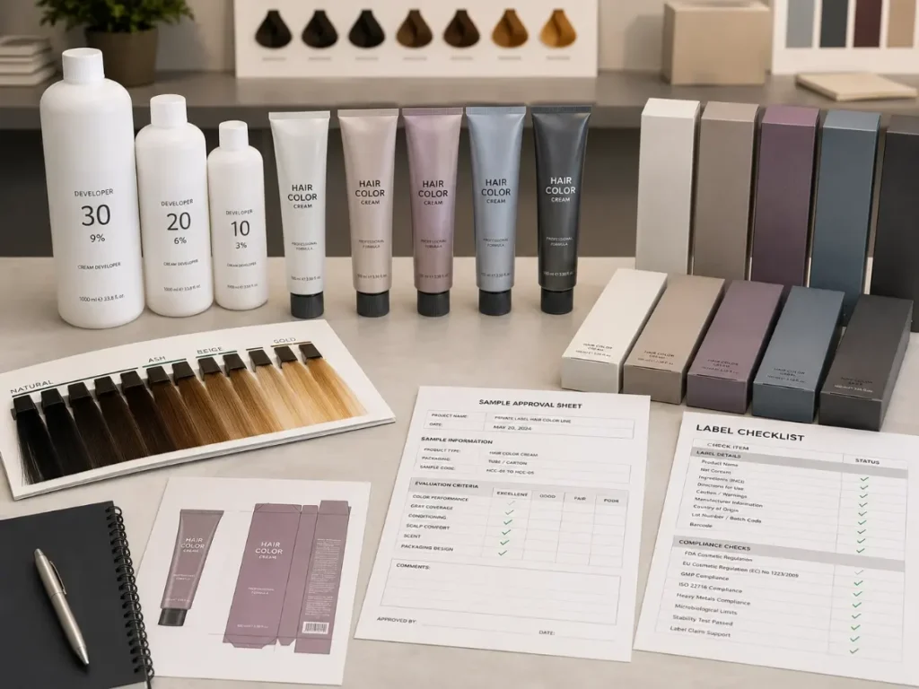 Hair color developer system planning with dye tubes, developer bottles, shade swatches, and packaging samples