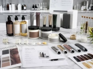 OEM hair products samples and packaging references on a product development desk
