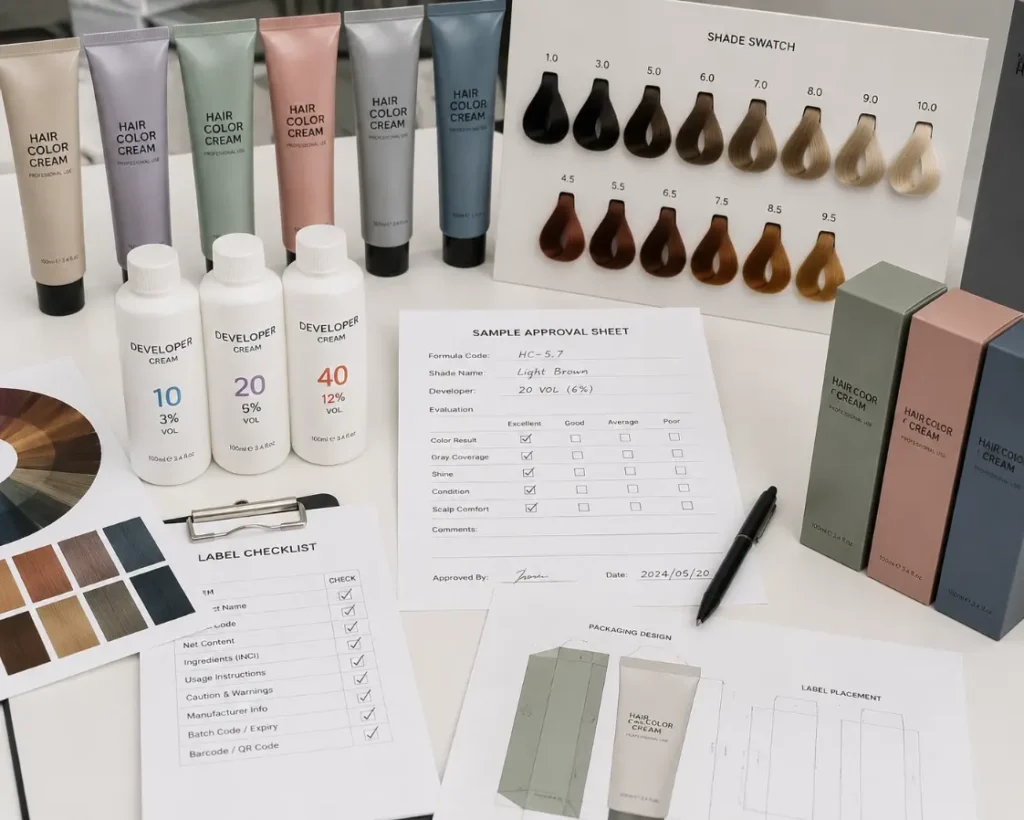 Private label hair dye and developer system with color tubes, developer bottles, shade swatches, and packaging samples`