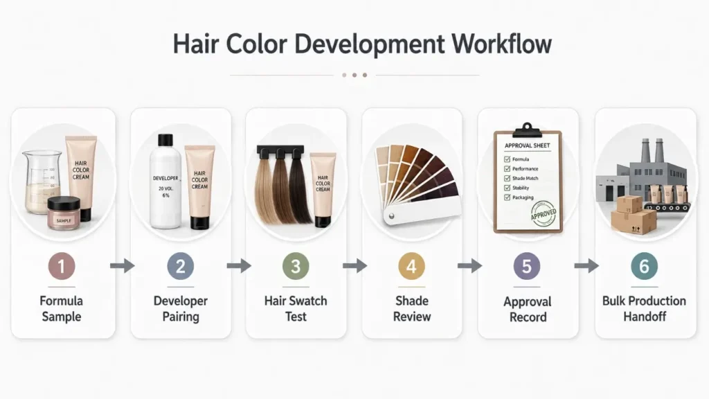 Hair dye and developer sample approval workflow for private label brands