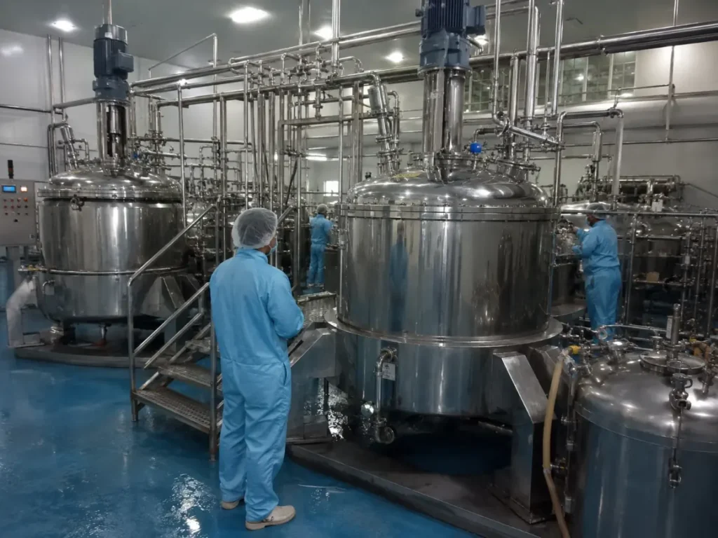 Stainless-steel mixing vessels producing hair care base in a cosmetics manufacturing facility