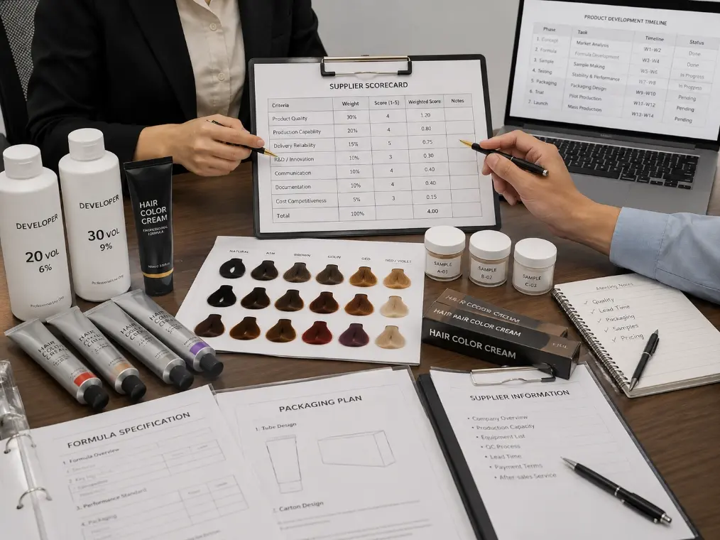 Beauty buyer evaluating wholesale hair dye suppliers with product samples and a scorecard.