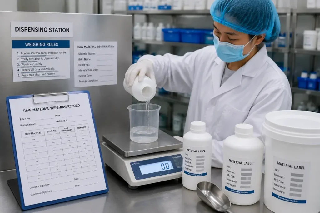 Operator weighing cosmetic raw materials for a hair care production batch