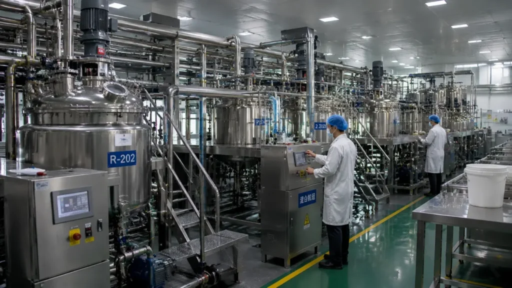 Chinese hair care production floor with stainless-steel mixing vessels