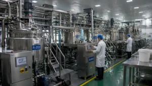 Chinese hair care production floor with stainless-steel mixing vessels