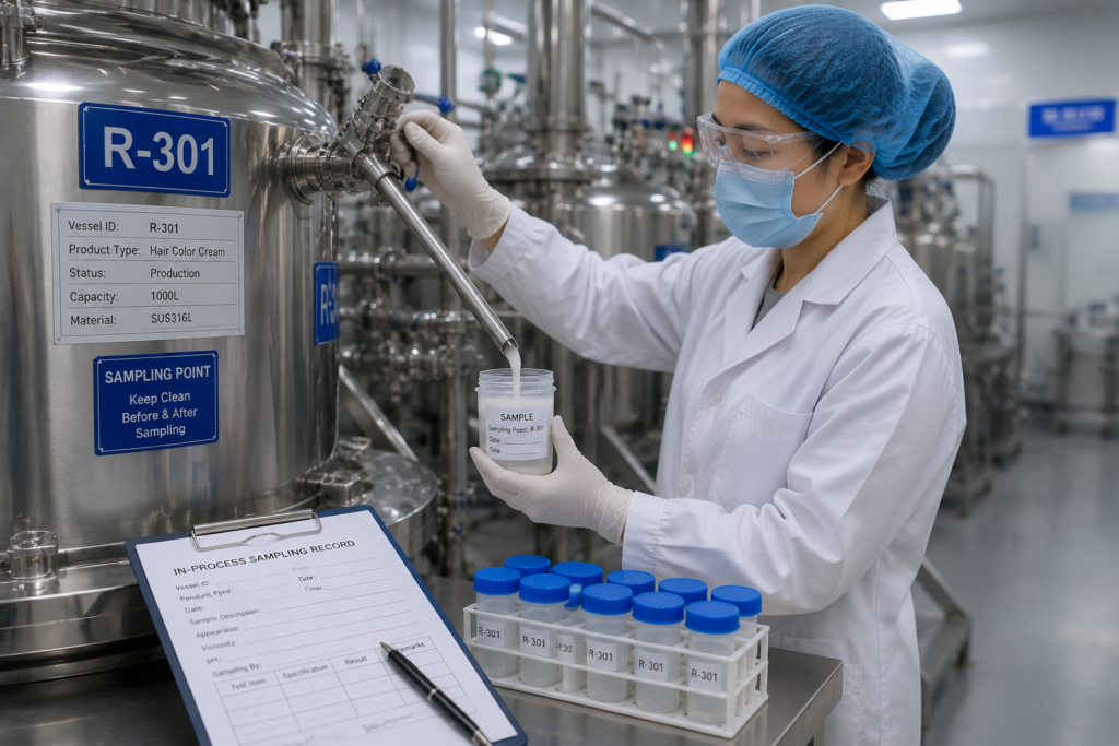 Technician collecting a coded in-process sample from a hair care batch