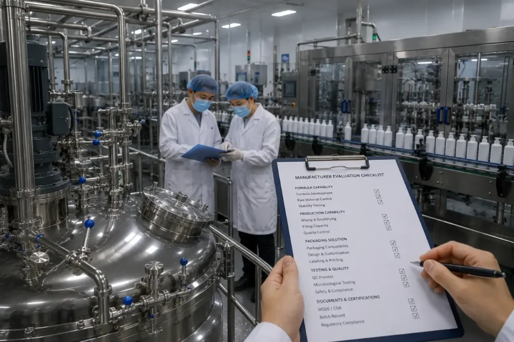 Hair care manufacturing facility with mixing tanks, filling line and supplier evaluation checklist