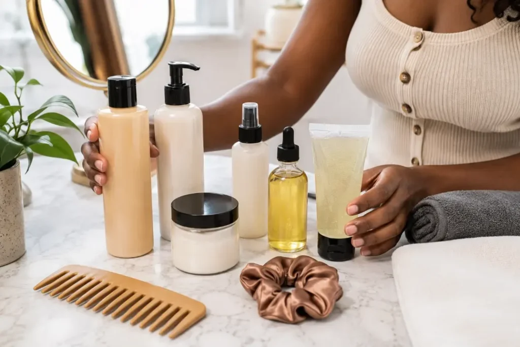 Natural hair care products including shampoo conditioner hair oil and styling cream arranged for a complete routine