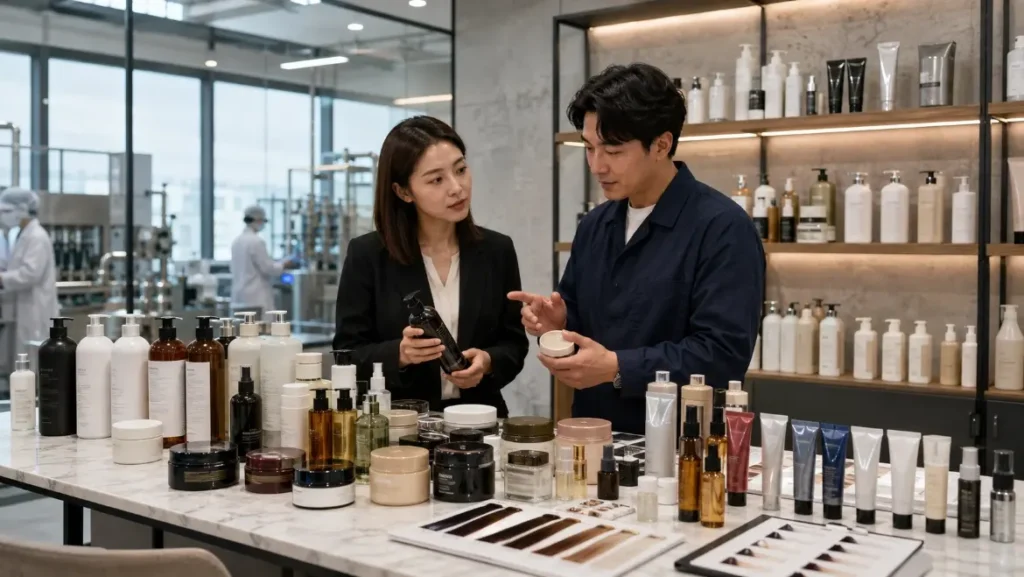 Buyer reviewing hair care product samples with a manufacturer in a modern cosmetics showroom