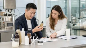 Beauty brand buyer and Chinese manufacturer reviewing unbranded custom hair care samples in a formulation laboratory