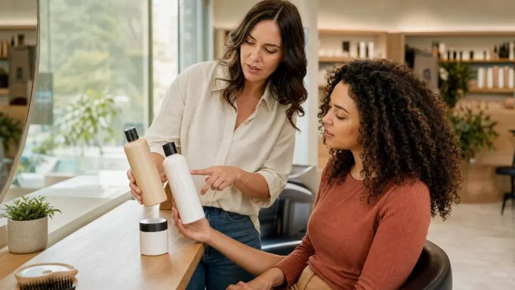 A hairstylist and client comparing unbranded hair care products for different hair needs