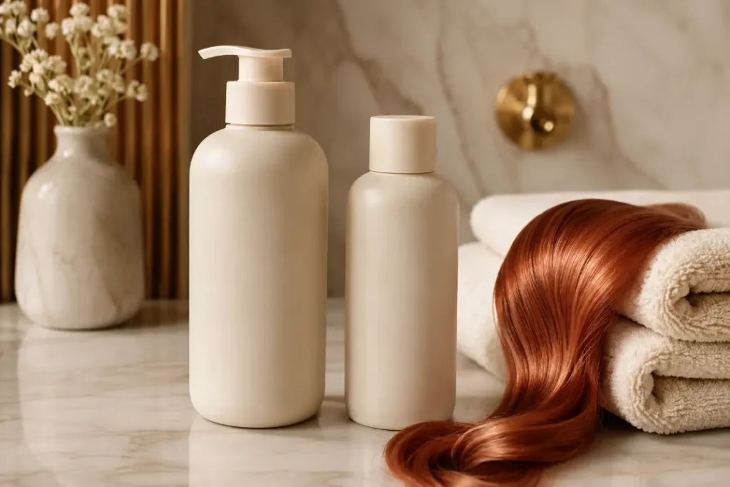 Color-safe shampoo product scene for colored hair in a warm bathroom setting