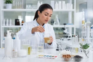 Cosmetic chemist developing and testing a custom shampoo formula in a laboratory