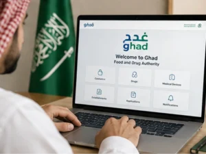 Saudi business user accessing the SFDA Ghad system to submit a cosmetic hair care product notification