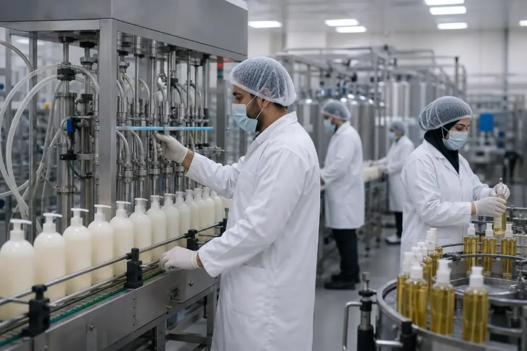 Saudi Arabia hair care manufacturing factory with shampoo and hair oil filling lines
