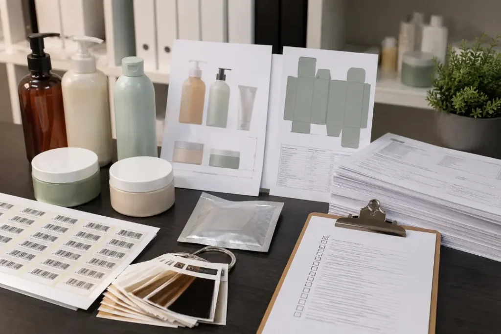 Hair care packaging mockups, barcode labels, and compliance documents under product review