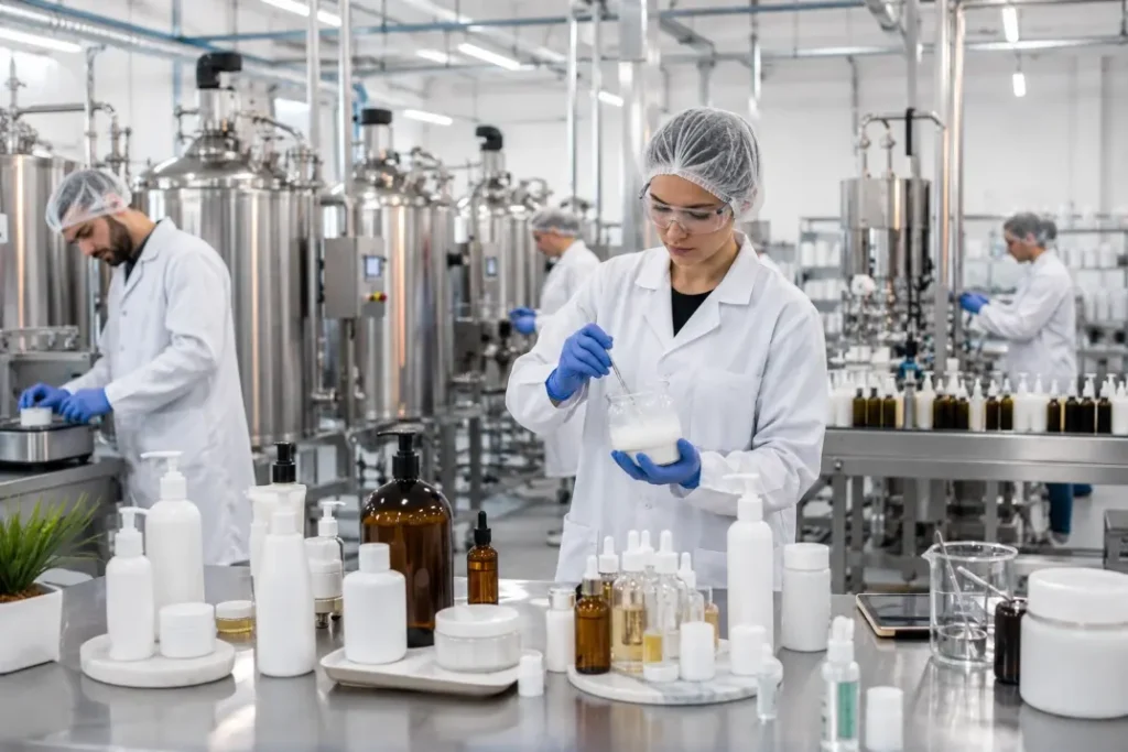 Hair care private label manufacturing facility with cosmetic chemists testing shampoo and conditioner formulas