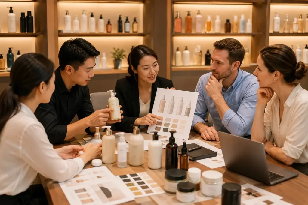 Hair care private label packaging meeting with product bottles, label concepts, and buyers discussing branding options