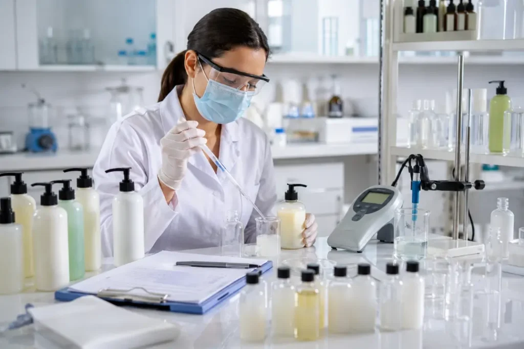 Cosmetics laboratory technician testing a private label hair care formula for quality and batch consistency