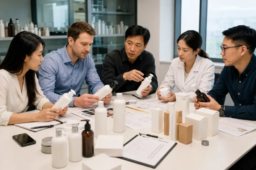 Brand and manufacturing team reviewing hair care product samples, bottles, labels, and packaging before production approval