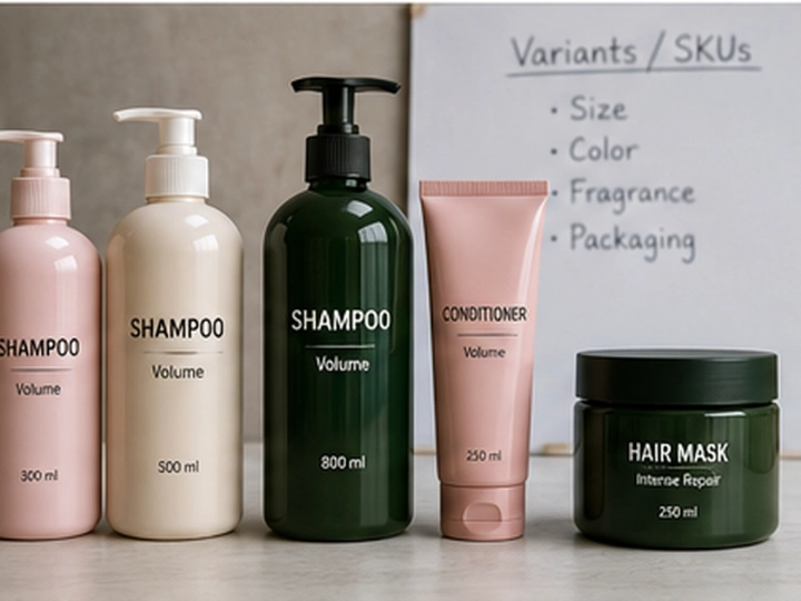 Private label shampoo, conditioner, serum, and hair mask variants with different sizes and packaging