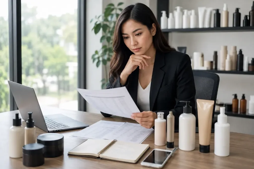 Buyer evaluating wholesale hair care suppliers, product documents and packaging options