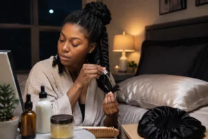 Black woman washing natural curly hair with shampoo during a healthy hair care routine