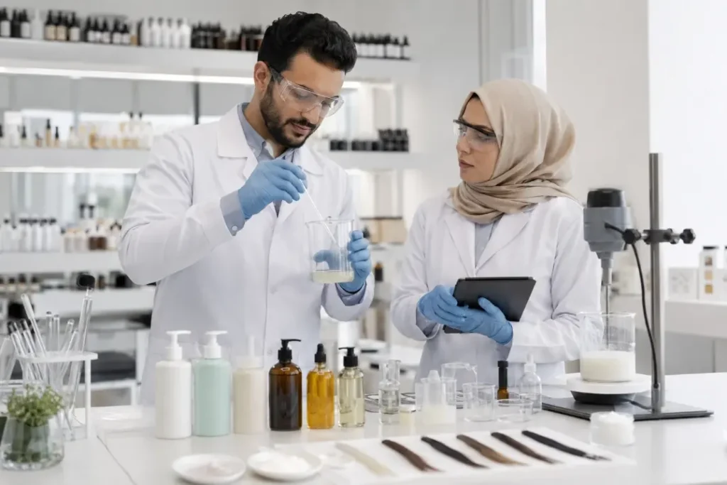 Cosmetic chemists developing private label hair care formulas in a Saudi laboratory
