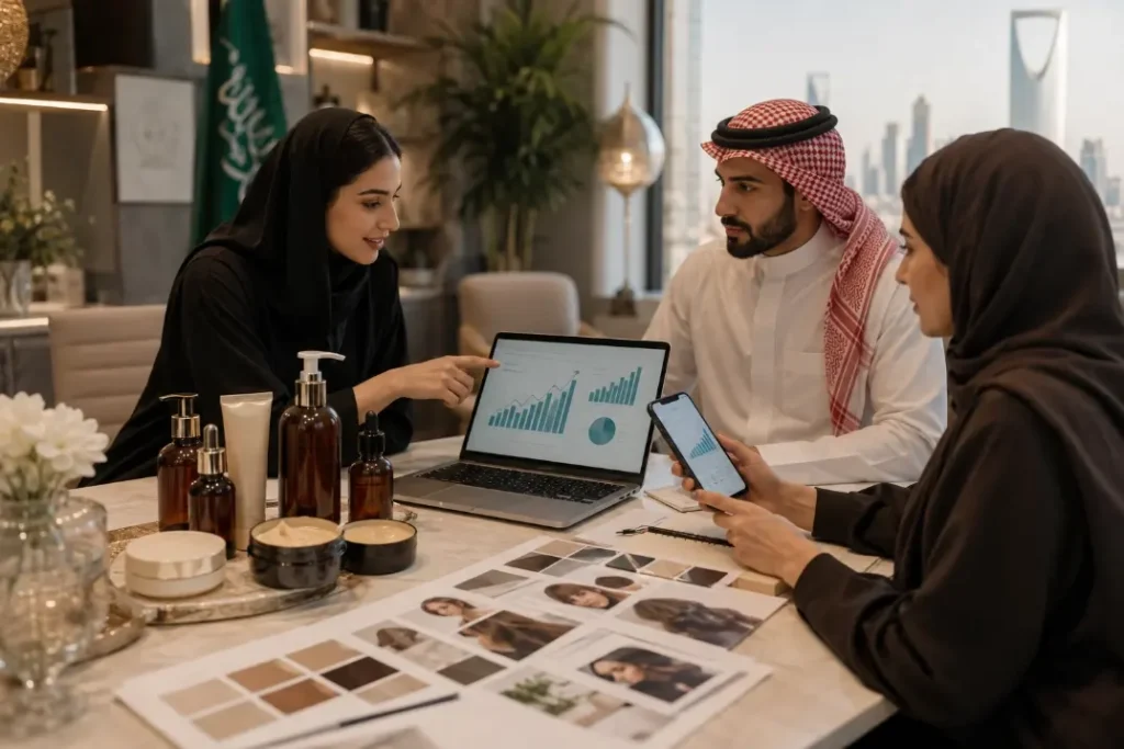 Saudi hair care brand founders reviewing market data and product opportunities in Riyadh