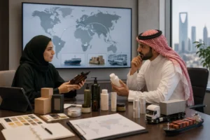 Saudi hair care brand team comparing overseas OEM manufacturing and global supply chain options