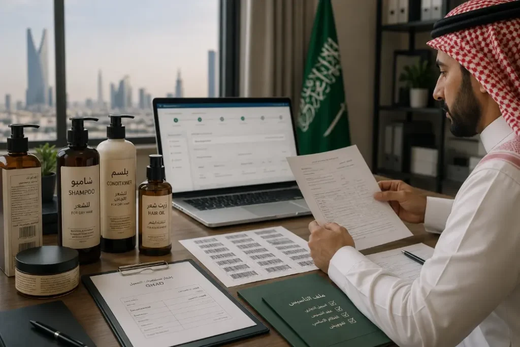 Saudi hair care business owner reviewing SFDA GHAD registration, Arabic labels, and product documents