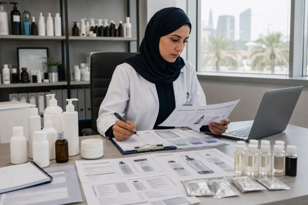 Saudi cosmetic quality specialist reviewing hair care product documents and test samples