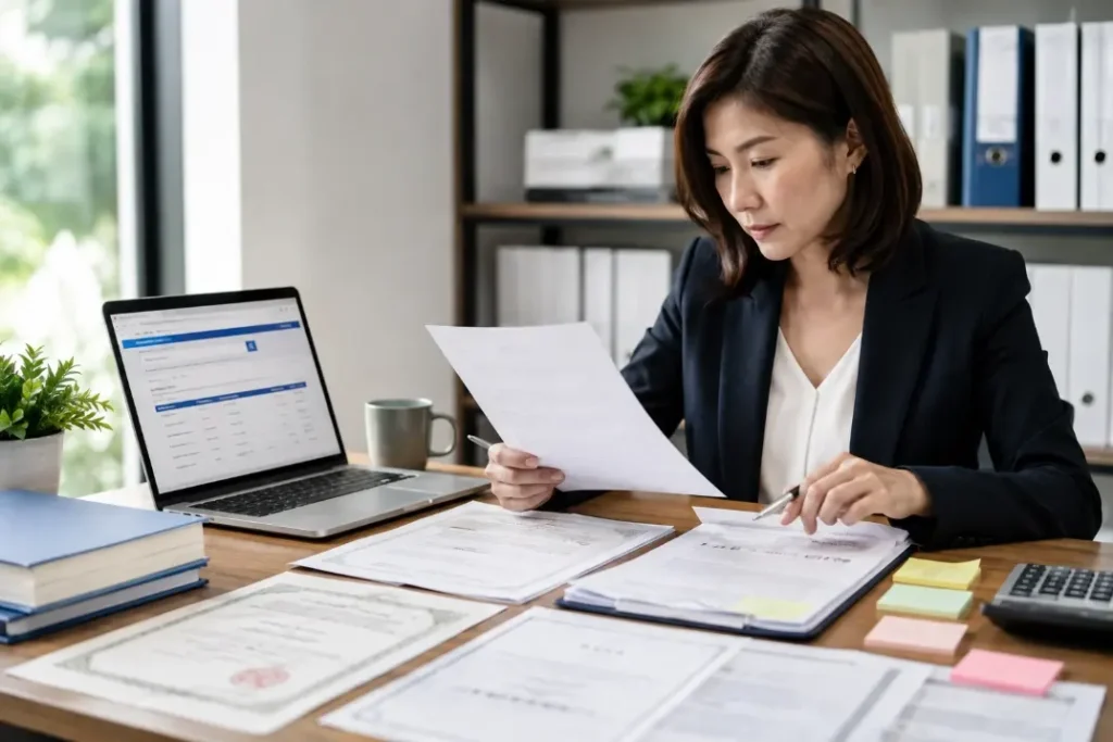 Buyer reviewing business licenses, factory documents, and supplier records before choosing a hair care manufacturer