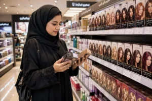 Woman shopping for hair color products in a beauty store in Saudi Arabia