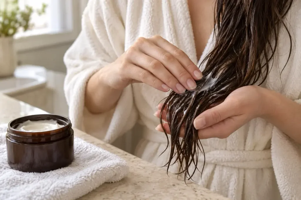 Close-up of hands smoothing a small amount of conditioner through damp hair lengths and ends.
