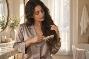 Woman gently detangling the ends of her long brown hair with a wide-tooth comb.