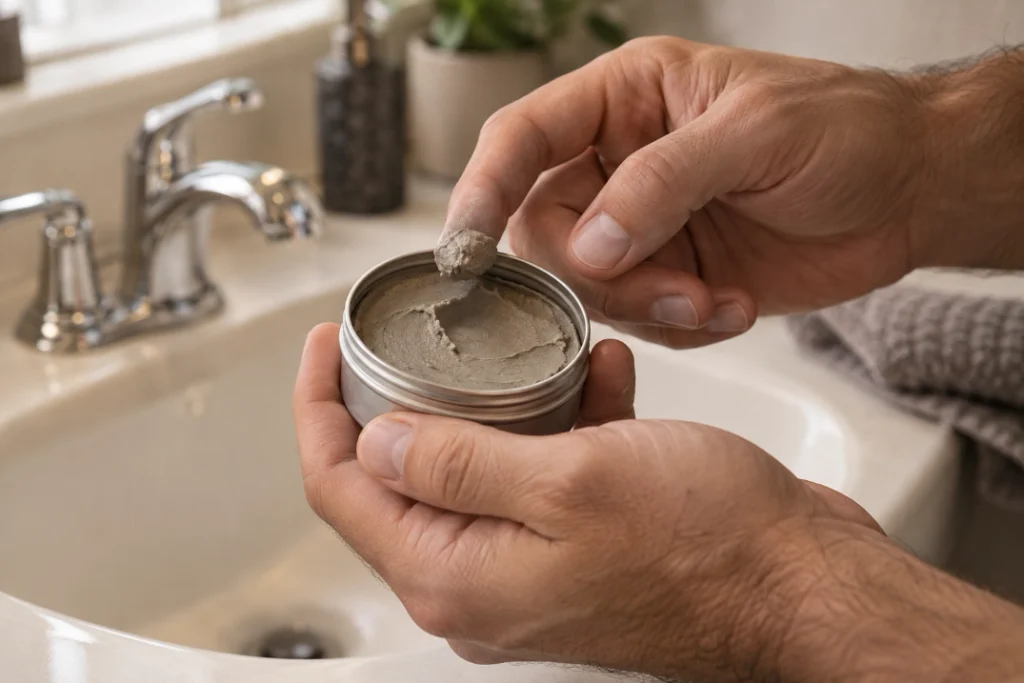 Hand scooping a small amount of matte hair clay from an open metal tin.