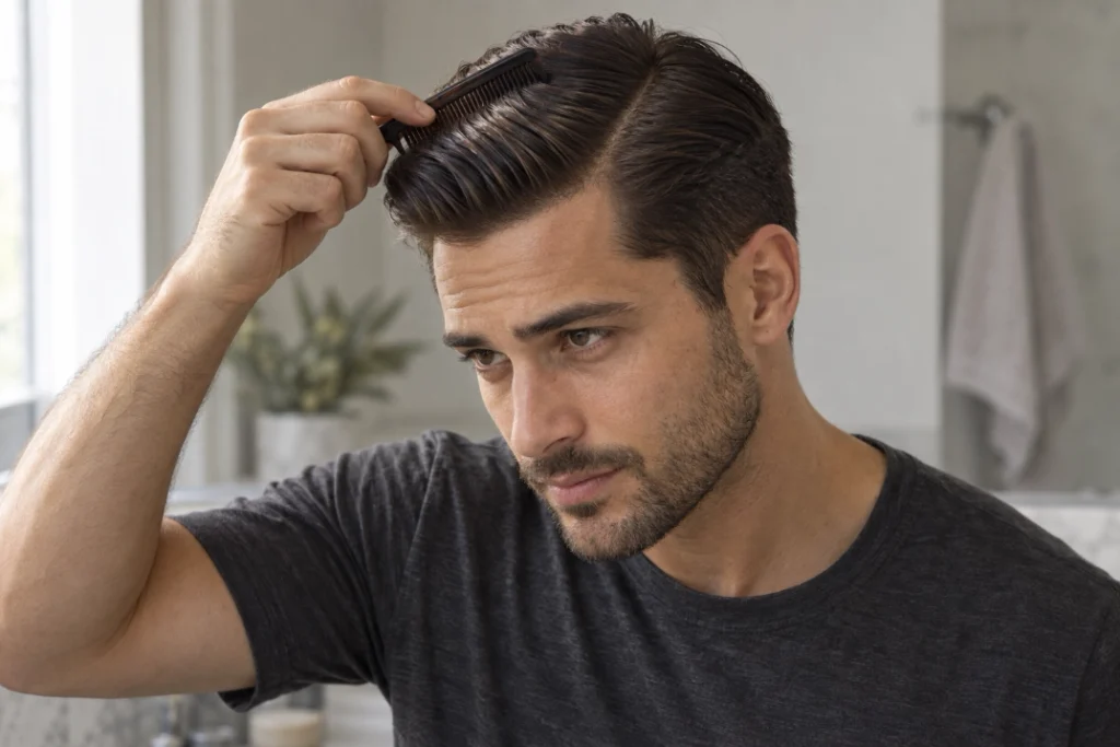 Man using a comb to shape a neat side part with a smooth, lightly glossy finish.
