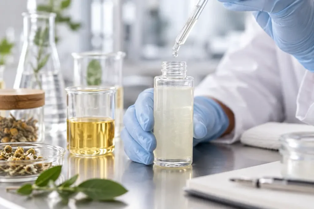 Close-up of a natural shampoo formulation sample being tested with a pipette in a cosmetic laboratory