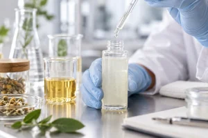 Close-up of a natural shampoo formulation sample being tested with a pipette in a cosmetic laboratory